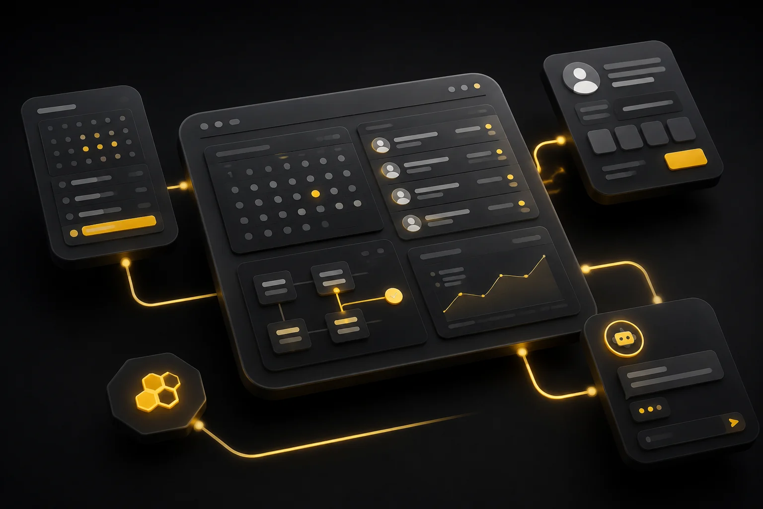 Illustration of a website connected to bookings, customer accounts and business tools