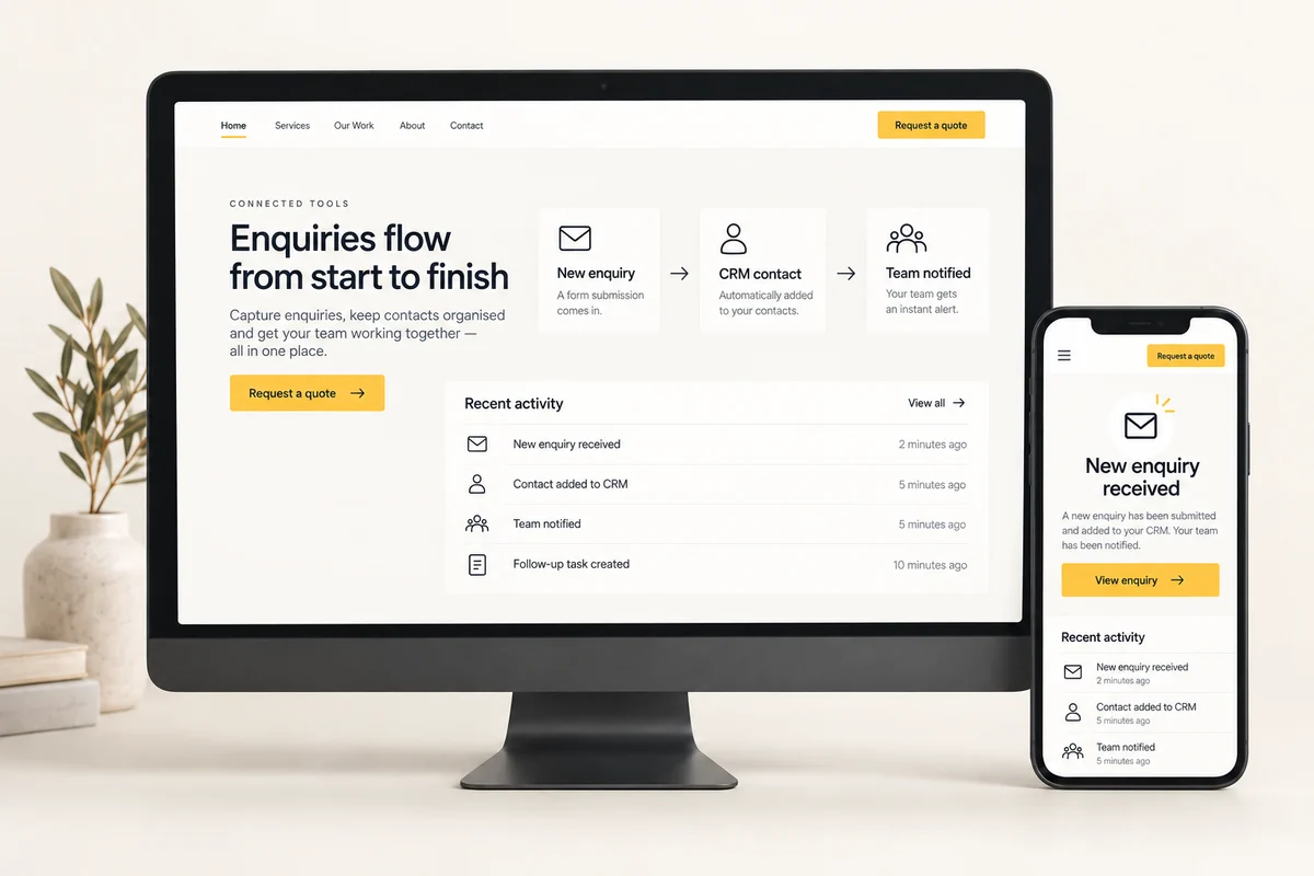 Website enquiry connected to a CRM and team notification — illustrative concept