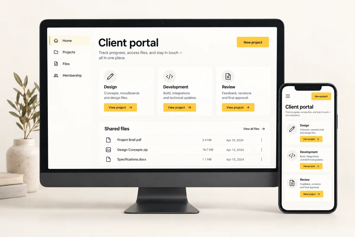 Client portal concept with projects, shared files and membership