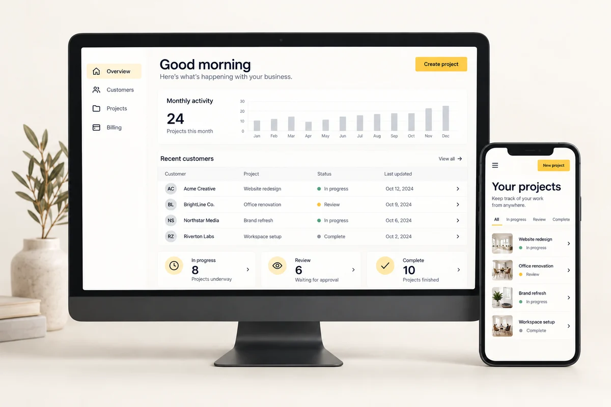 Software workspace with customers, projects and billing — illustrative concept