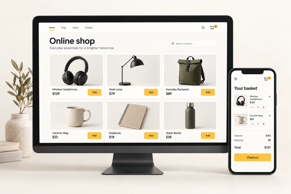 Online shop concept with product photography and a mobile shopping basket